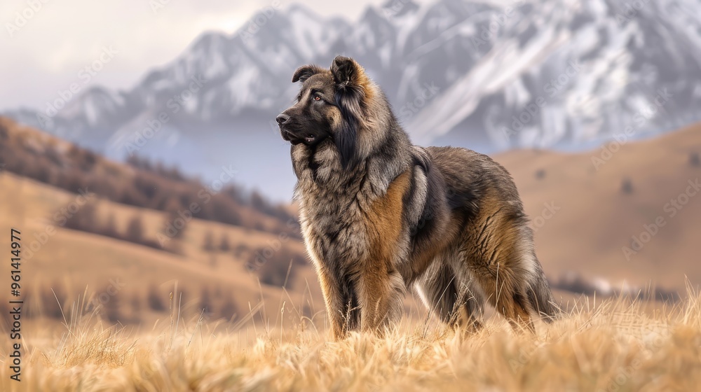 Naklejka premium A large brown and black dog stands atop a dry grass-covered field, gazing at distant mountain ranges