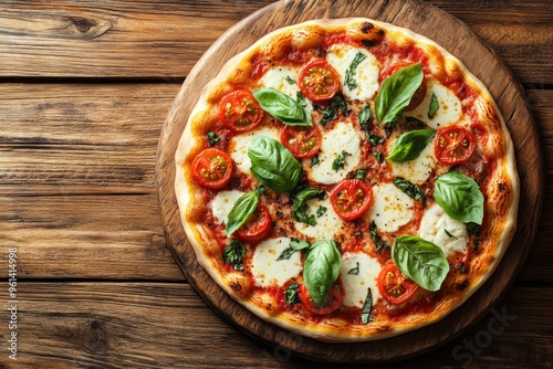 Margherita Pizza with Cherry Tomatoes and Basil on Wooden Board