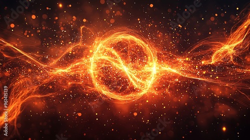 Abstract trails of orange and gold light swirl with bokeh, creating a glowing and dynamic background.