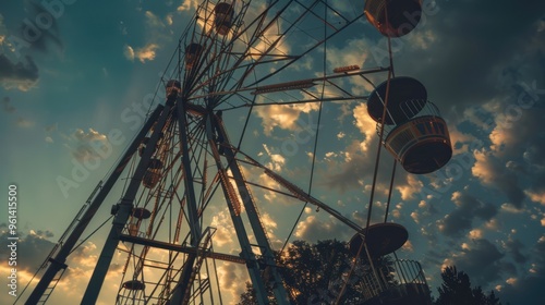 Vintage stylized ferris wheel with colorful sunset