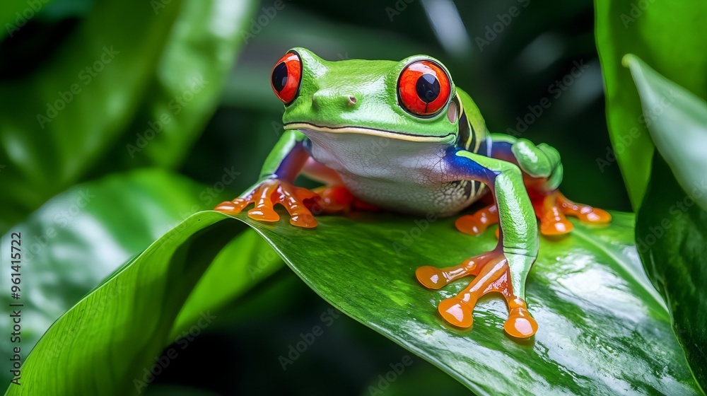 Exotic red-eyed tree frog (Agalychnis callidryas) with distinctive red eyes perched on vibrant green leaves in its rainforest habitat. Exotic red-eyed tree frog (Agalychnis callidryas) with distinctive red eyes perched on vibrant green leaves in its rainforest habitat.
