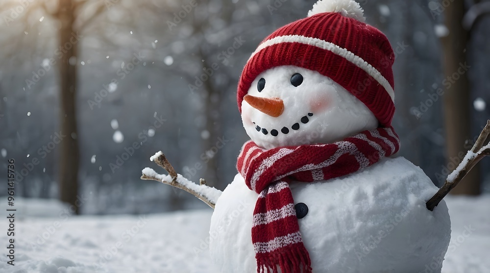 Fototapeta premium Snowman with Red Hat and Scarf in Winter Snow