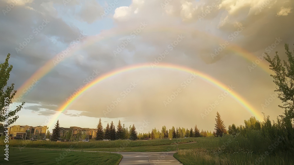 Naklejka premium Double Rainbow Over Green Grass and Trees