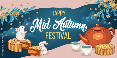 Korean Mid autumn festival poster, background, greeting card, book cover vector set collection Mid Autumn Festival with Moon cake and Chinese tea .