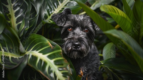 Wallpaper Mural  A tight shot of a dog nestled within a bush, leaves in the front, an orange-eyed pooch in the back Torontodigital.ca