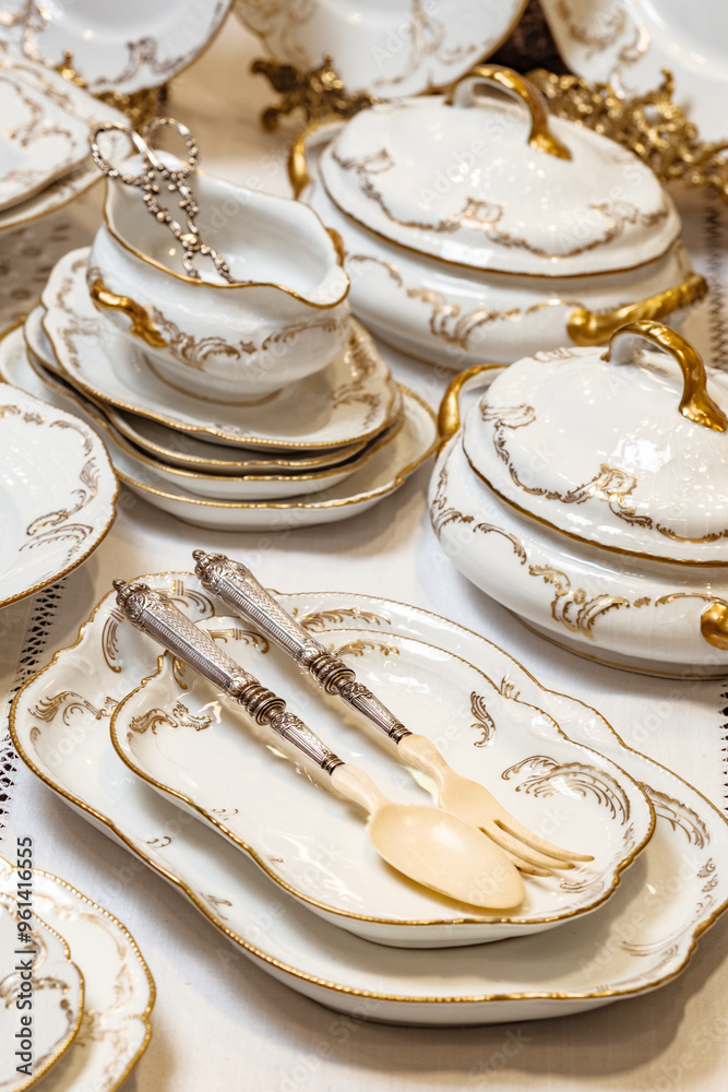 Vintage handmade cutlery made of silver and ivory of amazing beauty products with an age of more than 100 years