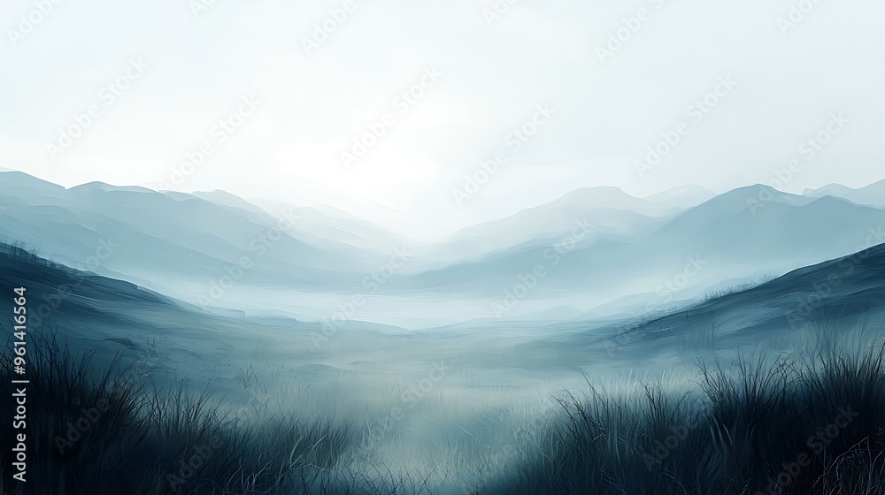 A misty mountain landscape with lush grass in the foreground, capturing a serene, ethereal view. A misty mountain landscape with lush grass in the foreground, capturing a serene, ethereal view.