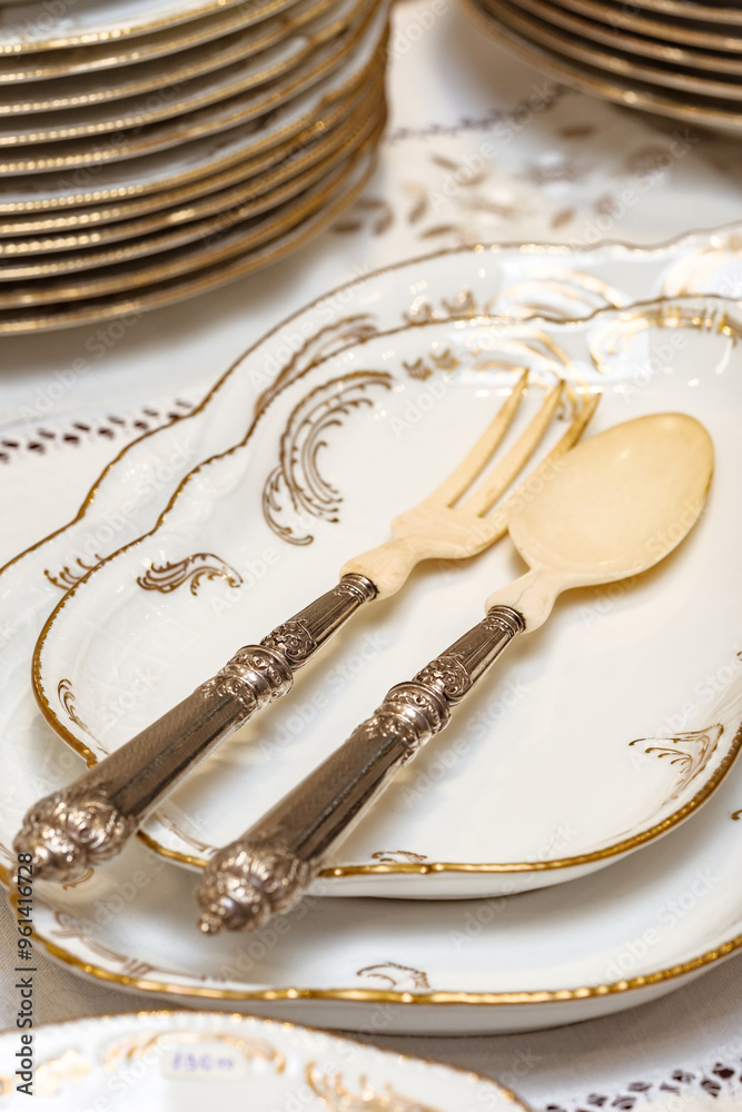 Vintage handmade cutlery made of silver and ivory of amazing beauty products with an age of more than 100 years