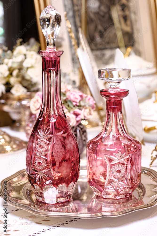 Crystal DECANTER With Cranberry Overlay NACHTMANN Traube. Mid century thick crystal decanter with gold ruby overlay and cut-to-clear grapes decor. Ideal for whiskey, cognac or any other solid drink.