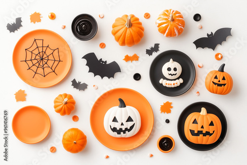 Halloween themed plates featuring pumpkin and bat designs, with a small pumpkin decoration on festive background photo