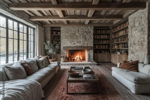 Rustic Living Room with Fireplace and Bookshelves