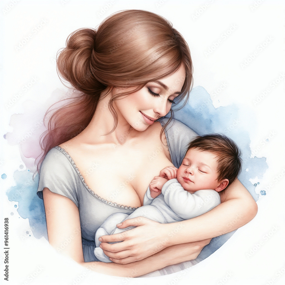 Watercolor mother and baby on white background. AI Watercolor mother and baby on white background. AI
