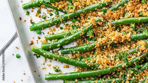 Green Beans with Breadcrumbs and Peas in Baking Dish photo