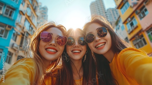 Happy Asian friends take a fun selfie in the city, wearing sunglasses and capturing the moment.