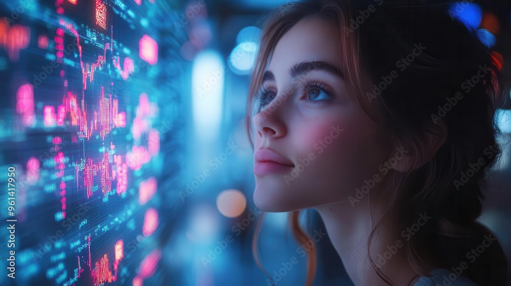 businesswoman gazing triumphantly at holographic stock charts floating in a futuristic trading floor bathed in neon blue light