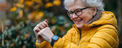 Joyful senior woman in a yellow jacket checking her smartwatch outdoors, surrounded by nature in autumn foliage.