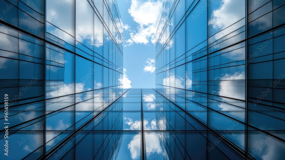 A view of glass buildings reflecting the sky and clouds, showcasing modern architecture. A view of glass buildings reflecting the sky and clouds, showcasing modern architecture.