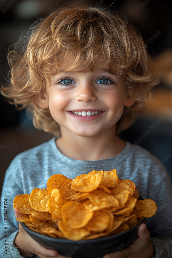 Happy boy munching on crispy potato chips with a big smile Happy boy munching on crispy potato chips with a big smile