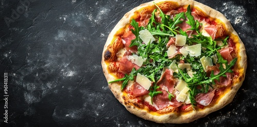 Close-up of Pizza with Prosciutto, Arugula, and Parmesan Cheese on Black Background photo