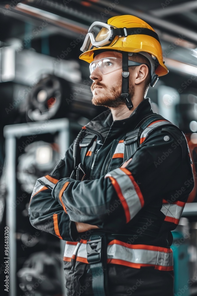Confident mechanic in safety gear poses in engine room of offshore supply vessel Confident mechanic in safety gear poses in engine room of offshore supply vessel