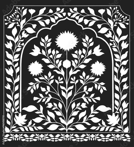 Mughal decorative ornamental floral. Vintage intricate traditional mughal style with flowers and foliage.