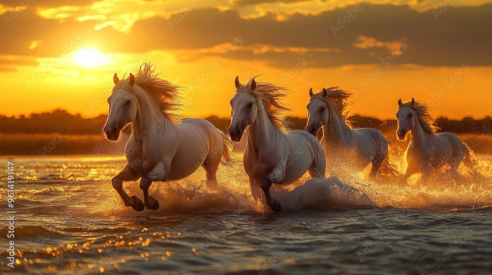 White horses gallop through the water in the Camargue region of France, bathed in the golden light of a dramatic sunset. White horses gallop through the water in the Camargue region of France, bathed in the golden light of a dramatic sunset.