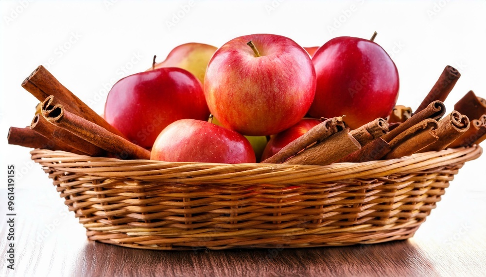 A basket full of fresh apples and cinnamon sticks A basket full of fresh apples and cinnamon sticks