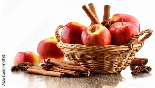 A basket full of fresh apples and cinnamon sticks
