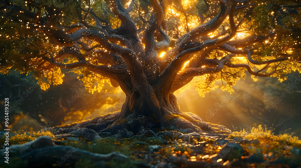 Golden Light Through the Branches of an Ancient Tree Illustration Golden Light Through the Branches of an Ancient Tree Illustration