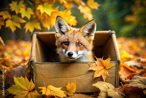 Adorable fox peeking out of a worn, cardboard box, surrounded by autumn leaves, conveying a sense of curiosity and playfulness in a rustic, natural setting. photo