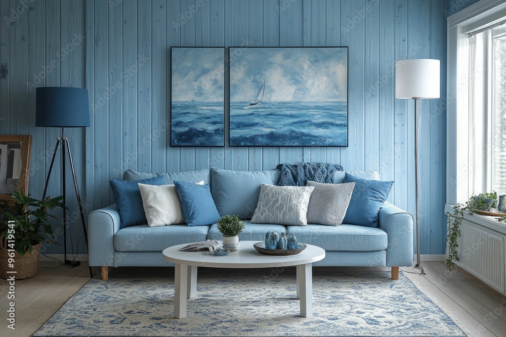 Fototapeta premium Blue Living Room with Coastal Theme