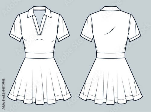Polo Dress technical fashion illustration. Jersey mini Dress fashion flat technical drawing template, flare, v neck, slim fit, front and back view, white, women CAD mockup.