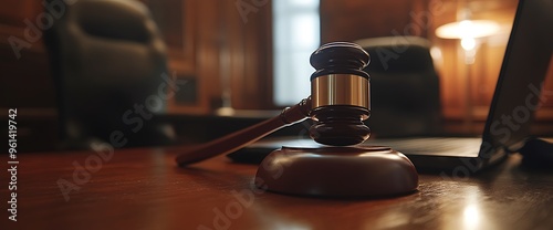 Wooden gavel on a desk in a courtroom.