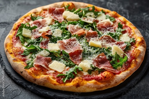 Close-Up of a Pizza with Prosciutto, Parmesan, and Arugula