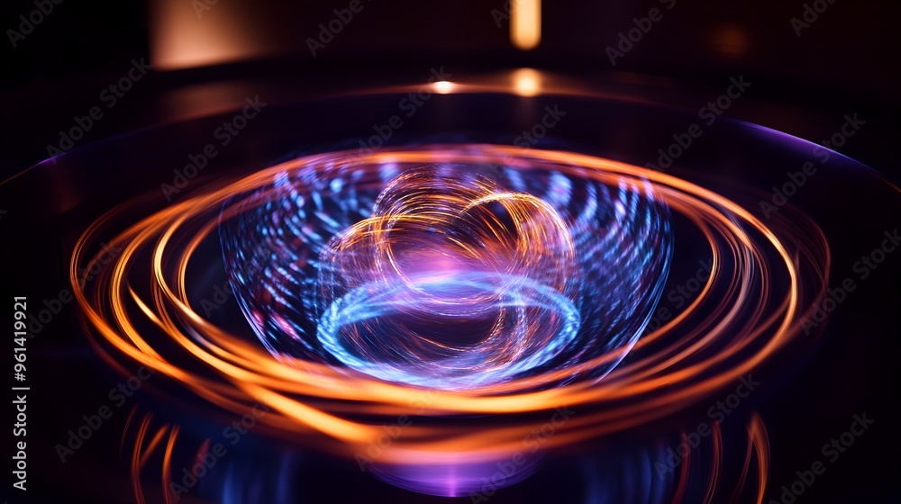 Holographic visualization depicting the conservation of angular momentum in a rotating system a scientific concept expressed through digital rendering and abstract imagery Holographic visualization depicting the conservation of angular momentum in a rotating system a scientific concept expressed through digital rendering and abstract imagery