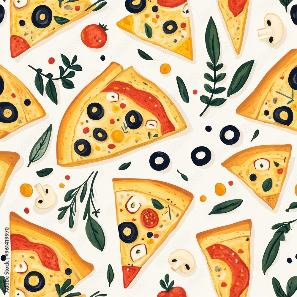 Seamless Pattern of Pizza Slices, Olives, and Basil Leaves Seamless Pattern of Pizza Slices, Olives, and Basil Leaves
