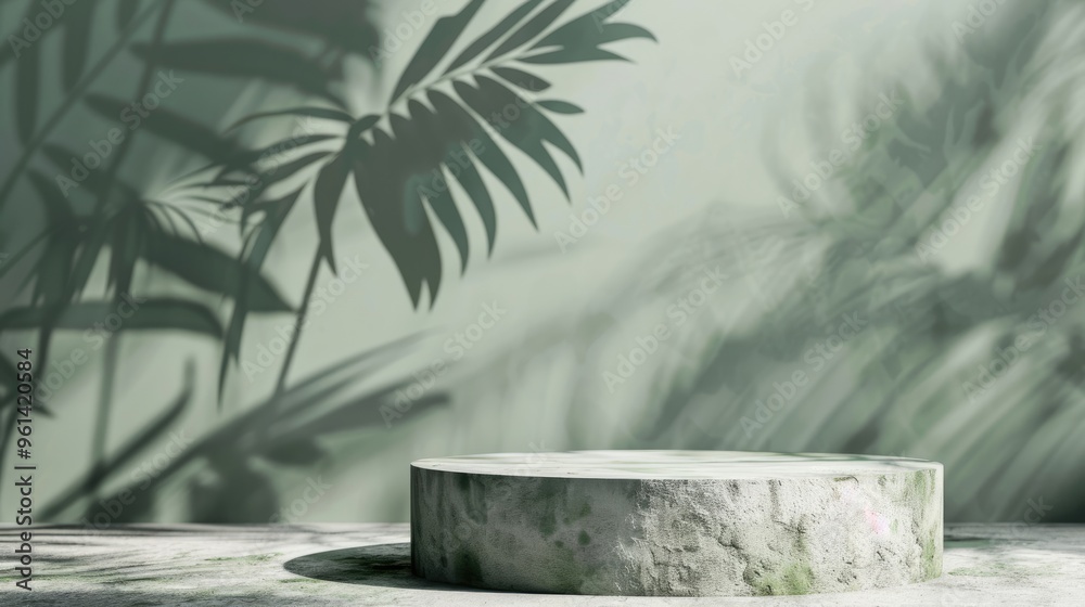 Promotional Setting with Empty Gray Stone Podium, Tropical Leaf Shadow on Green Background. Beauty and Eco-Cosmetics Display. Promotional Setting with Empty Gray Stone Podium, Tropical Leaf Shadow on Green Background. Beauty and Eco-Cosmetics Display.