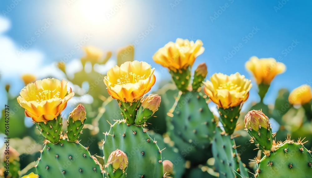 Prickly pear cactus with yellow flowers, sunlit green pads against a bright blue sky Prickly pear cactus with yellow flowers, sunlit green pads against a bright blue sky