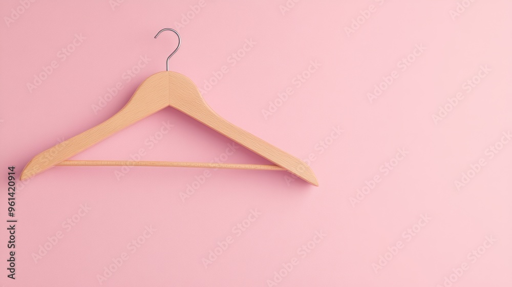 A wooden hanger against a soft pink background, emphasizing minimalist design and fashion. A wooden hanger against a soft pink background, emphasizing minimalist design and fashion.