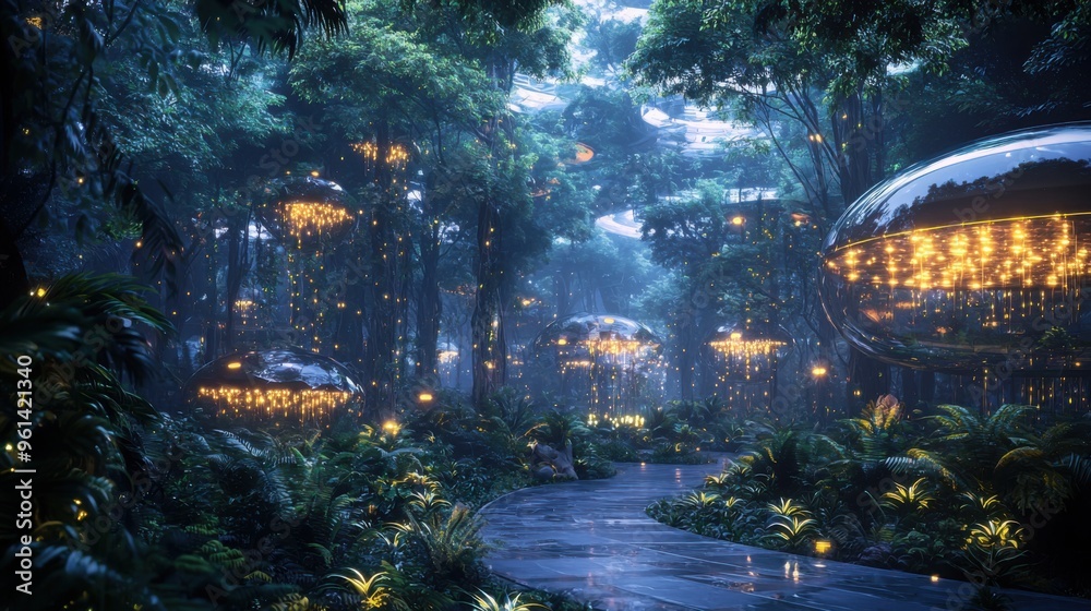 A futuristic rainforest with towering trees and bioluminescent animals moving gracefully among them. Hidden within the dense foliage, high-tech eco-labs study the biodiversity, collecting data A futuristic rainforest with towering trees and bioluminescent animals moving gracefully among them. Hidden within the dense foliage, high-tech eco-labs study the biodiversity, collecting data