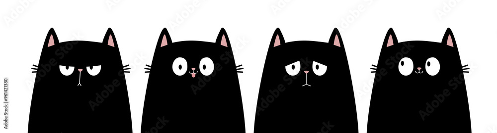 Black cat kitten kitty icon set. Cute kawaii cartoon character. Happy, sad, angry, surprised emotion. Happy Valentines Day. Greeting card, banner, sticker. Flat design White background. Vector Black cat kitten kitty icon set. Cute kawaii cartoon character. Happy, sad, angry, surprised emotion. Happy Valentines Day. Greeting card, banner, sticker. Flat design White background. Vector