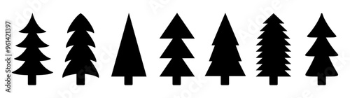 Christmas tree set. Fir tree collection. Pine trees. Black silhouette. Different shape. Greeting card, banner, web, sticker template. New Year winter sign symbol. Flat design. White background. Vector