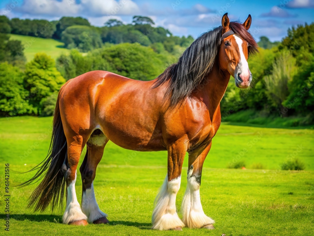 A majestic bay horse with a shiny brown coat, white blaze, and flowing mane grazes peacefully in a lush green meadow on a sunny day. A majestic bay horse with a shiny brown coat, white blaze, and flowing mane grazes peacefully in a lush green meadow on a sunny day.