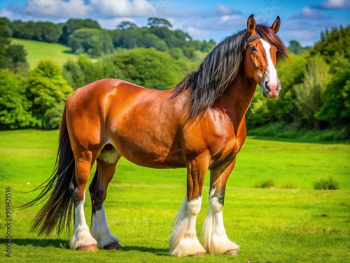 A majestic bay horse with a shiny brown coat, white blaze, and flowing mane grazes peacefully in a lush green meadow on a sunny day.