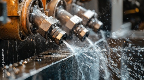 Industrial Machine Water Spray: Close-up of industrial machinery with water spraying from pipes, showcasing the intricate details and powerful operation of a factory setting. The image evokes a sense 