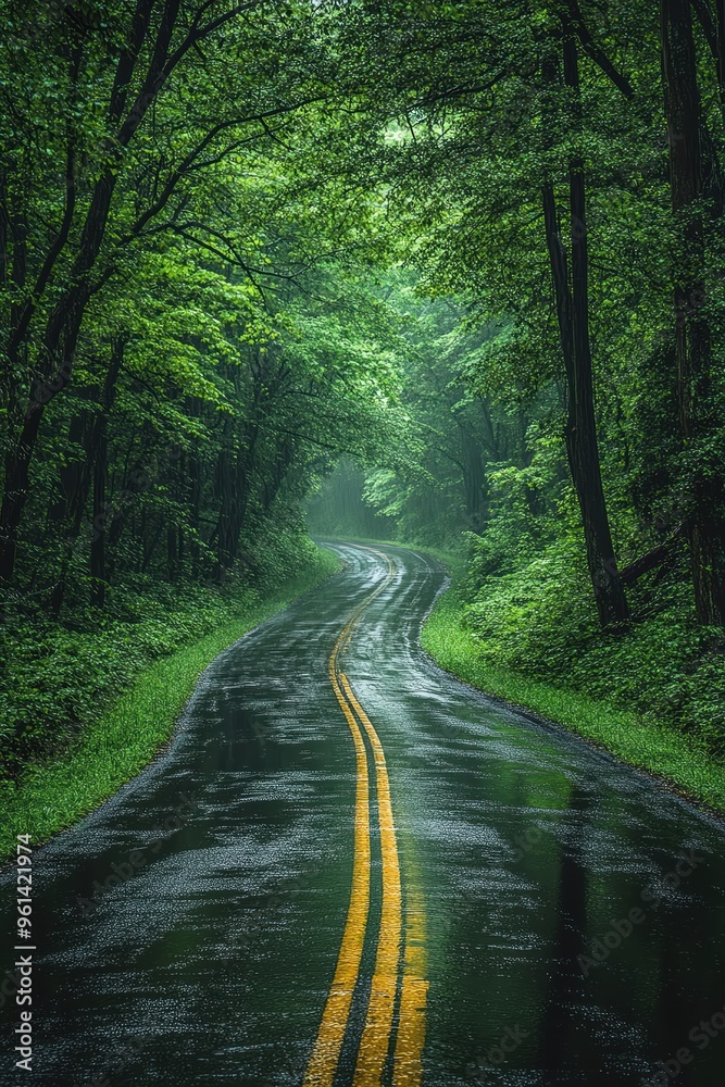 Fototapeta premium Serene road through a lush green forest tunnel, wet from recent rain