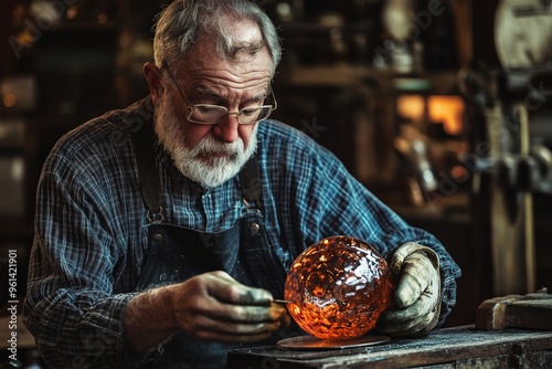 An older artisan carefully adding the final touches to a handcrafted glass piece, showcasing the skill, tradition, and meticulous attention required in glassmaking craftsmanship. photo