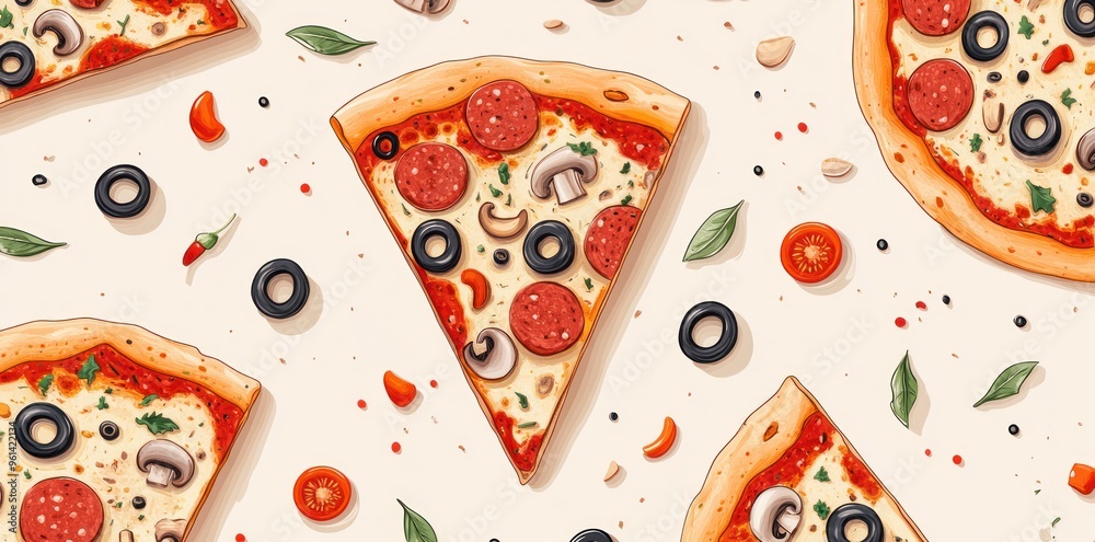 A Colorful Arrangement of Pizza Slices with Toppings and Ingredients