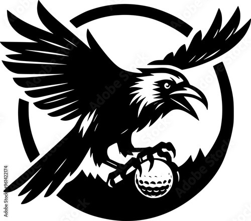 a crow grabbing a golf ball from the grass in a circle logo