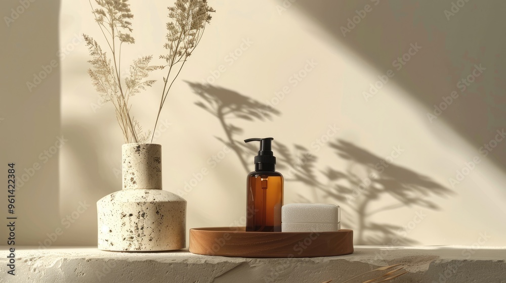 Still life featuring a brown pump bottle for showcasing organic cosmetics. Capture wellness and spa themes. Still life featuring a brown pump bottle for showcasing organic cosmetics. Capture wellness and spa themes.